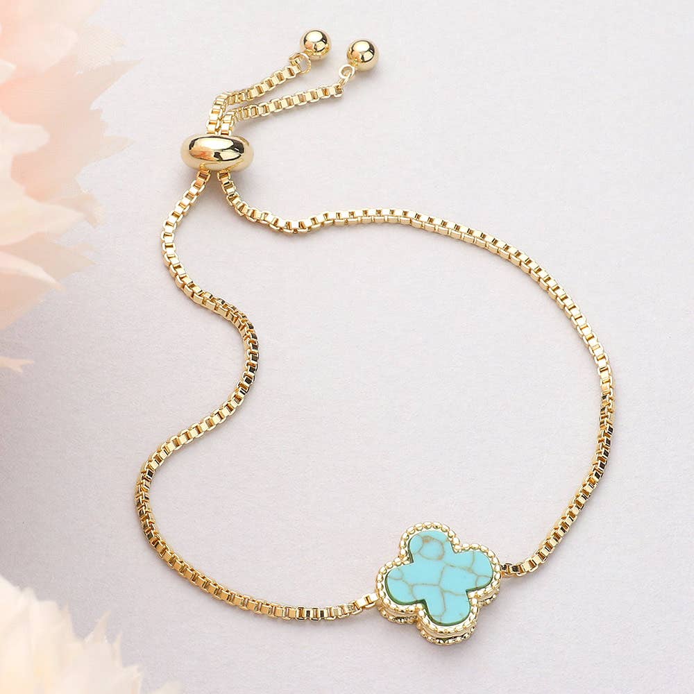 Natural Stone Quatrefoil Cluster Pointed Adjustable Bracelet: Green