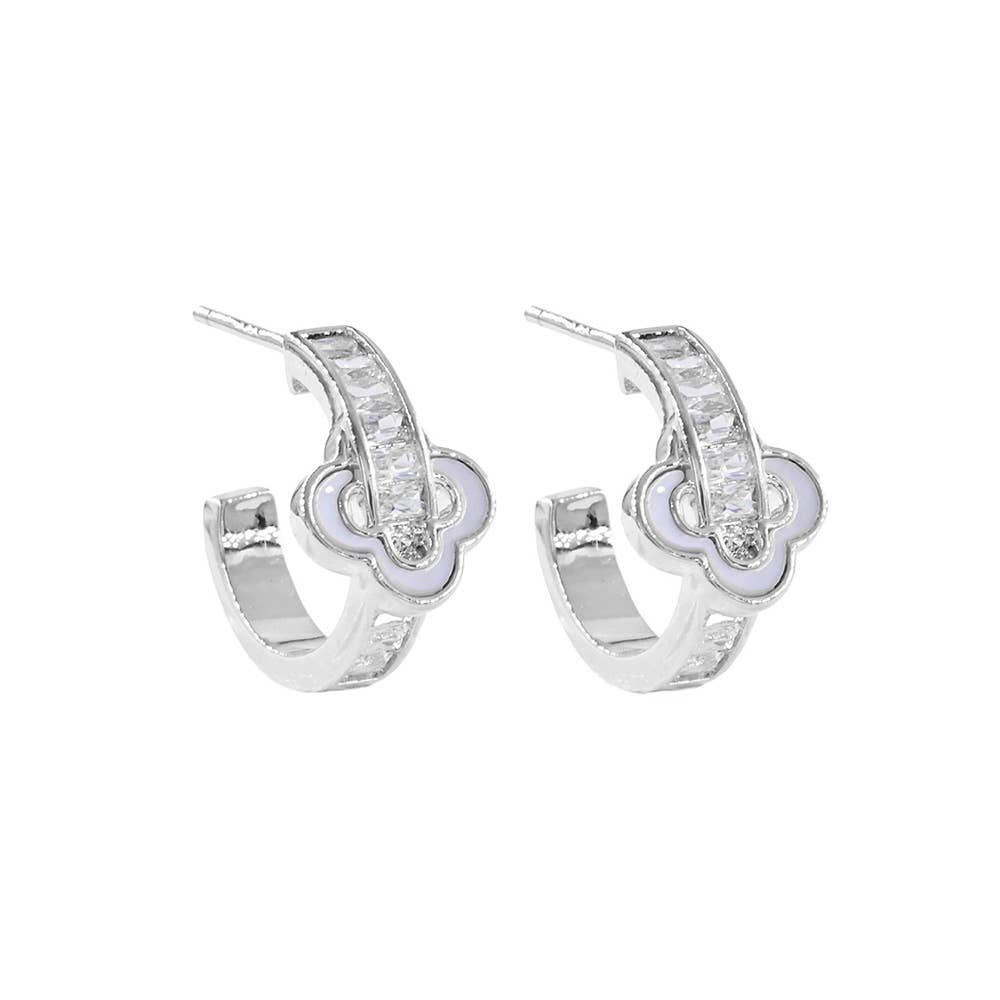 Gold Dipped Quatrefoil Accent CZ Hoop Earrings: Rhodium