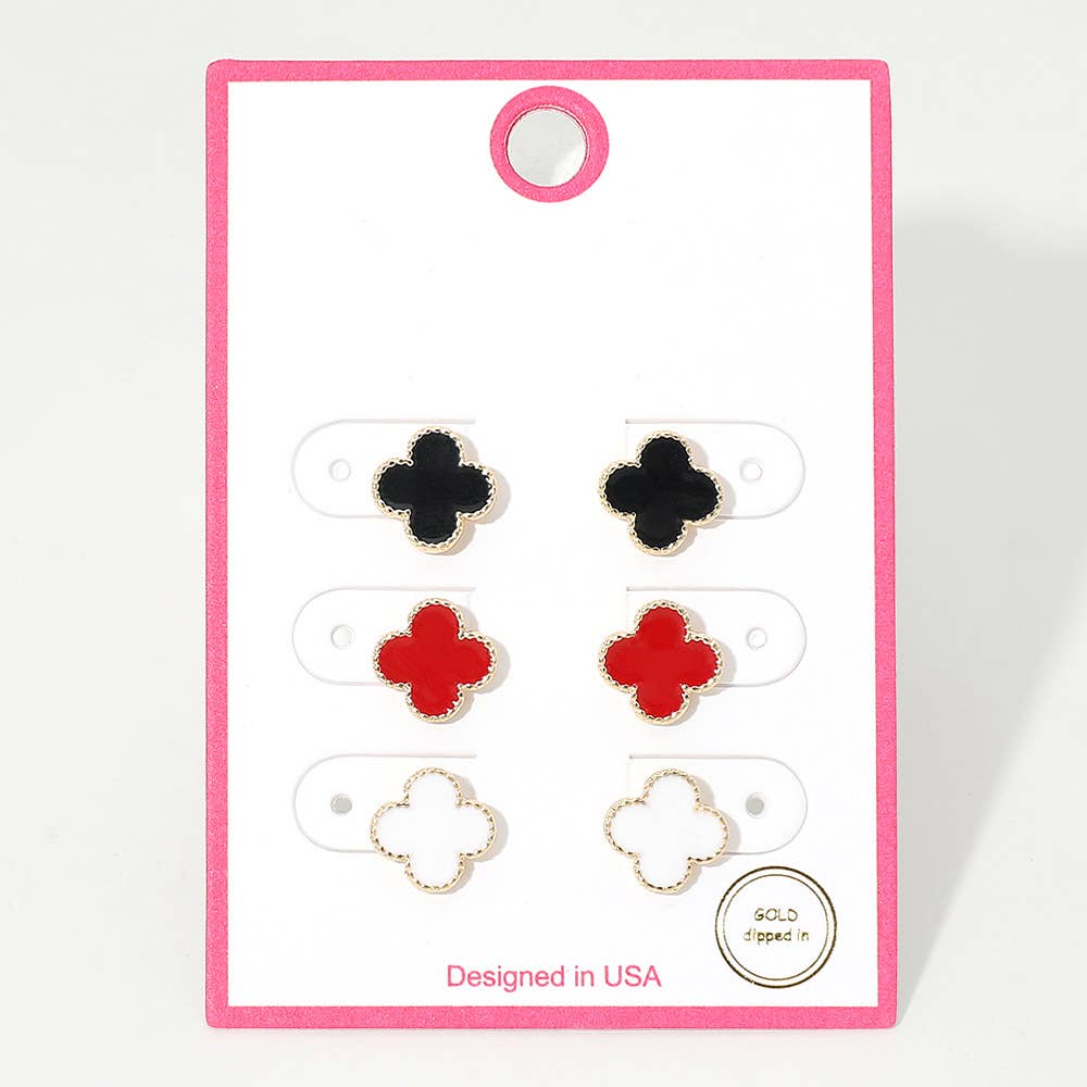 3Pairs - Gold Dipped Quatrefoil Stud Earring Set: Gold,Multi