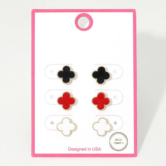 3Pairs - Gold Dipped Quatrefoil Stud Earring Set: Gold,Multi