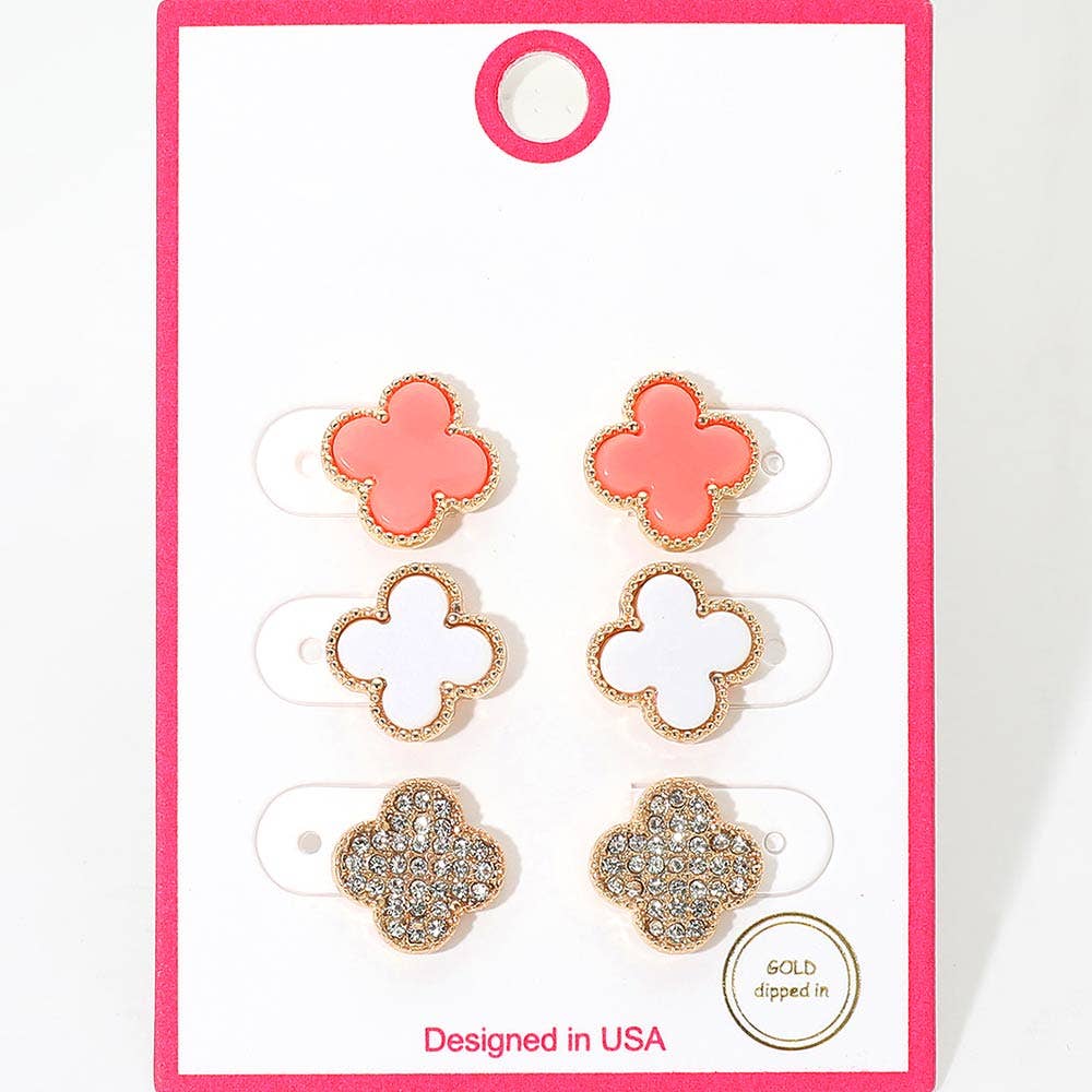 3Pairs - Gold Dipped Quatrefoil Stud Earring Set: Gold Pink