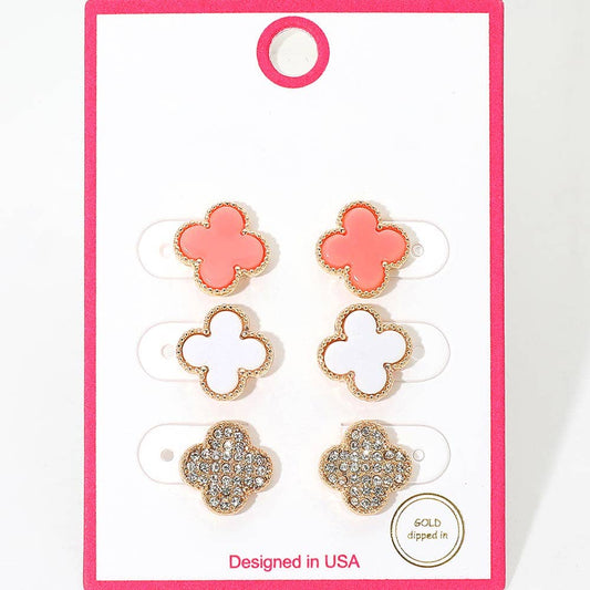 3Pairs - Gold Dipped Quatrefoil Stud Earring Set: Gold Pink