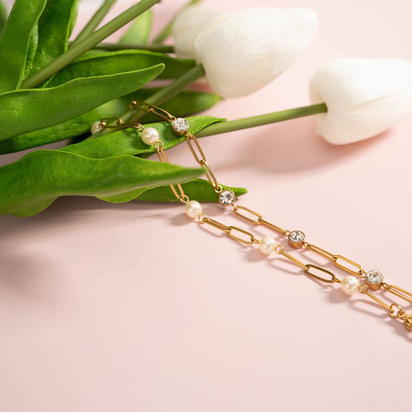 18K Gold PVD Steel Station Pearl Paperclip Chain Bracelet: Stainless