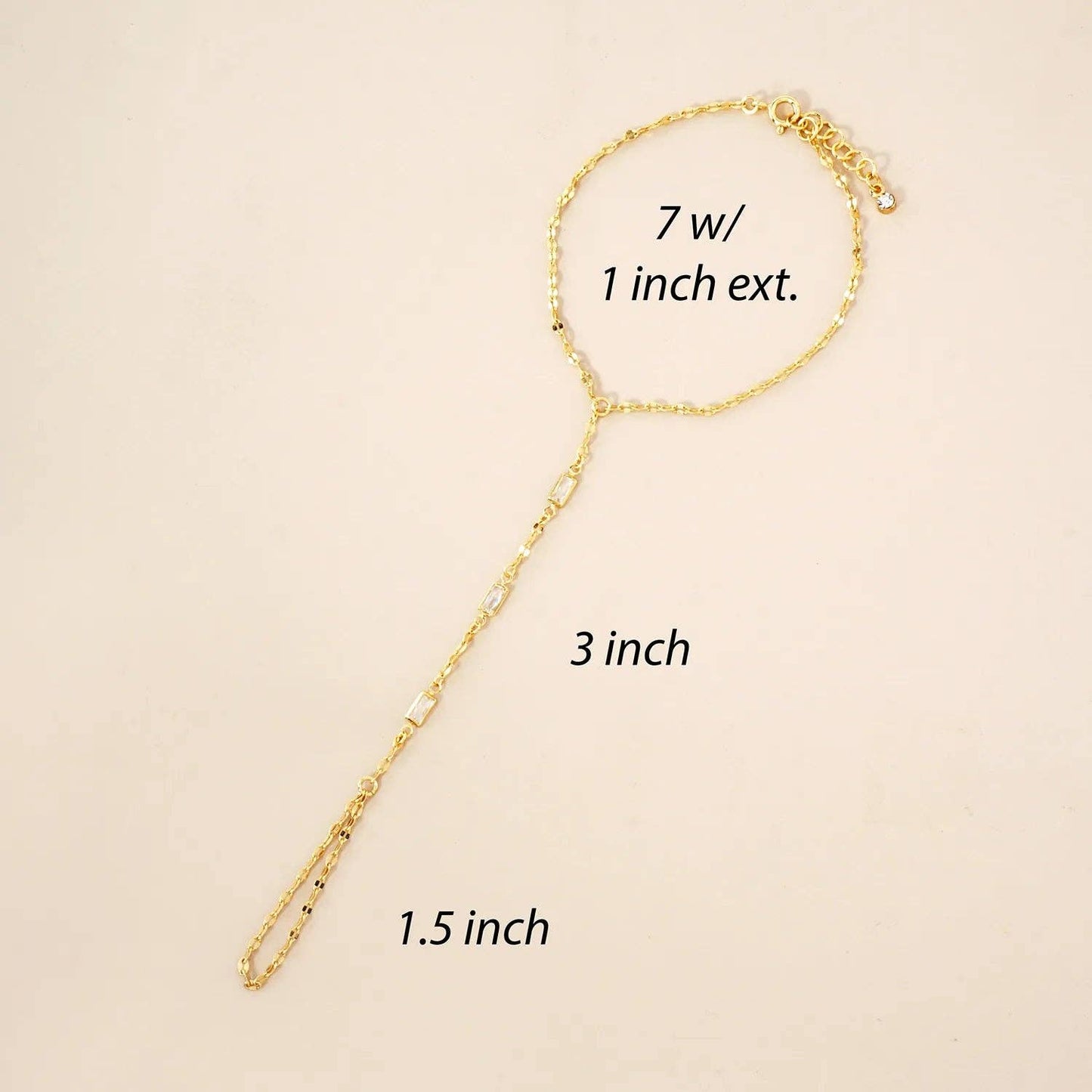 Three Rectangle CZ Accent 18K-Gold-Dipped Delicate Brass Hand-Chain Bracelet: Gold
