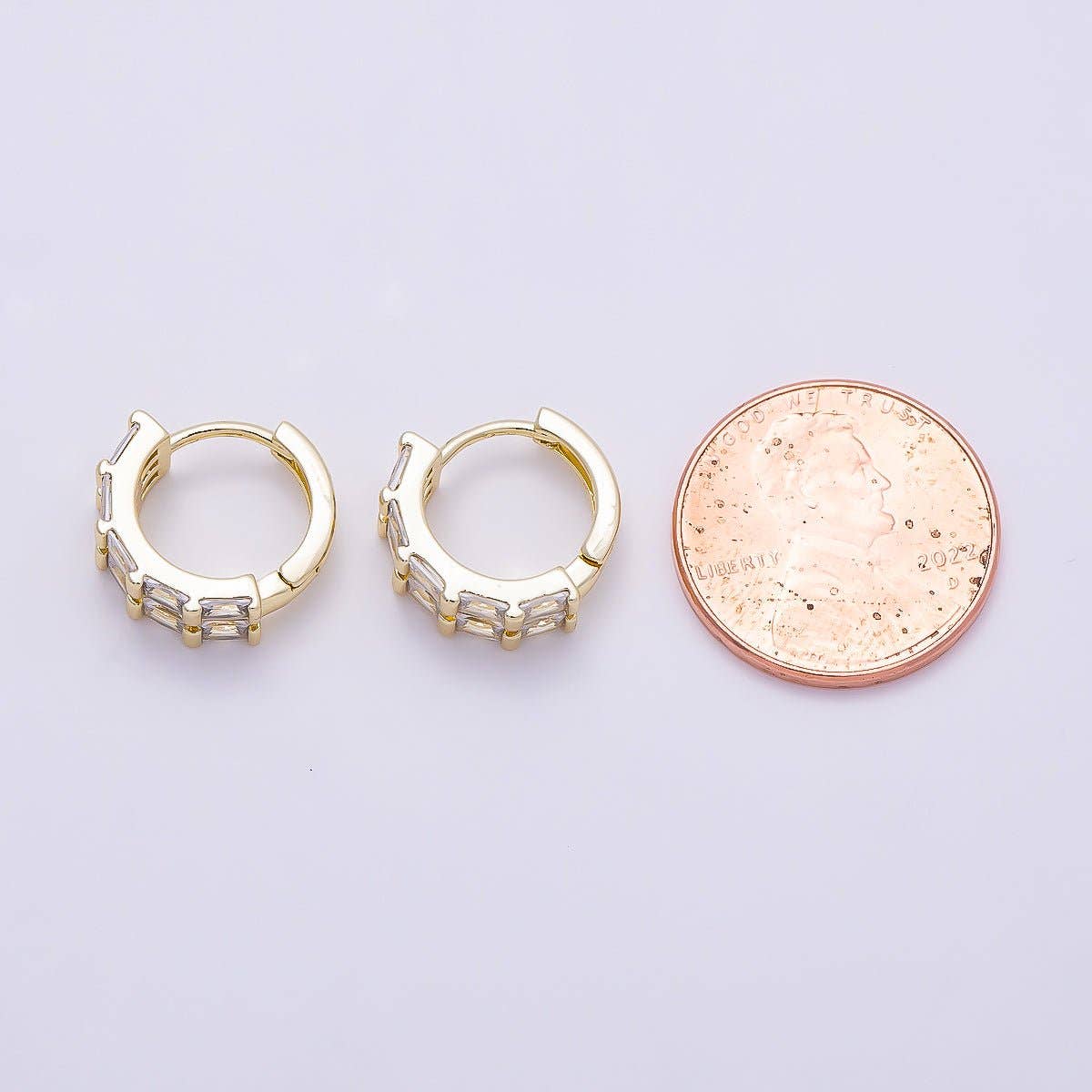 16K Gold Filled 13mm Clear CZ Double Baguette Huggie Hoop | Earrings-00683