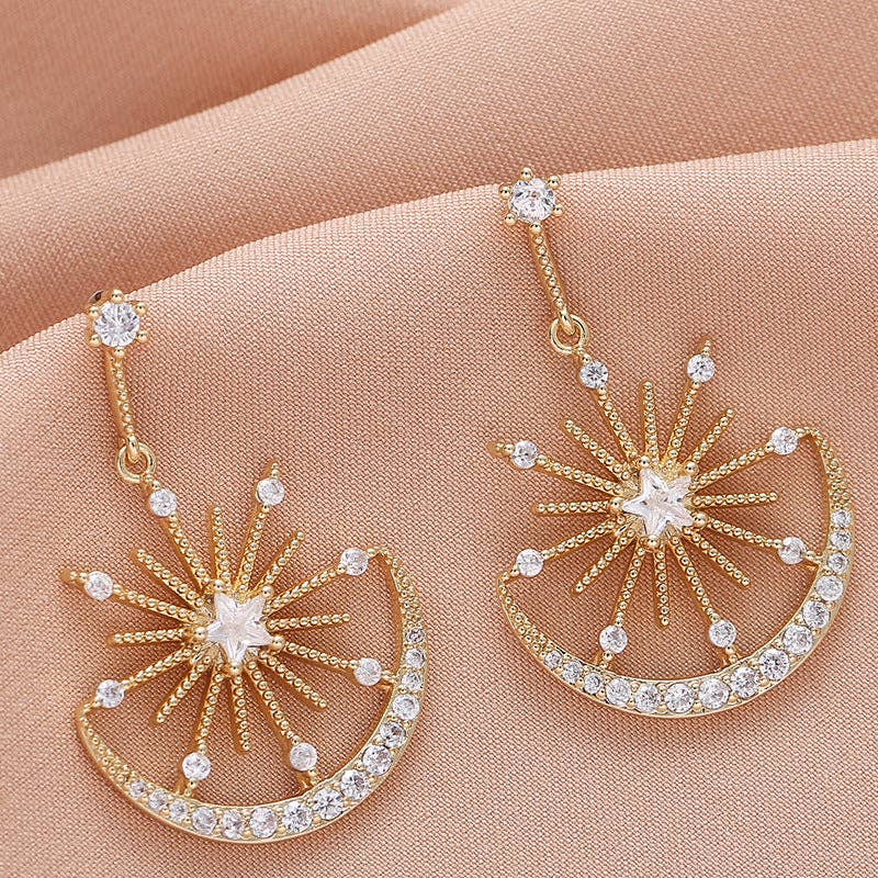 Sun Moon Rhinestone Earrings E5498: Gold