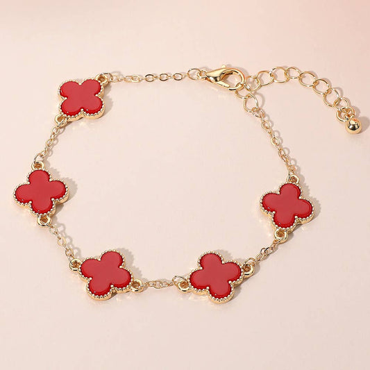 Gold Dipped Quatrefoil Link Chain Bracelet: Gold,Red