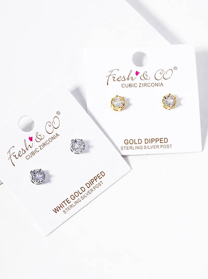 White Gold Dipped 6-Prong CZ Post Stud Earrings: Gold