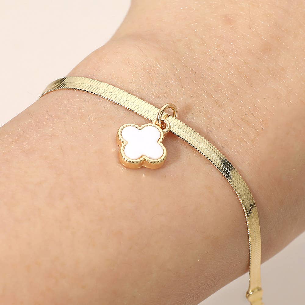 Gold Dipped Quatrefoil Charm Herringbone Chain Bracelet: Gold,Red