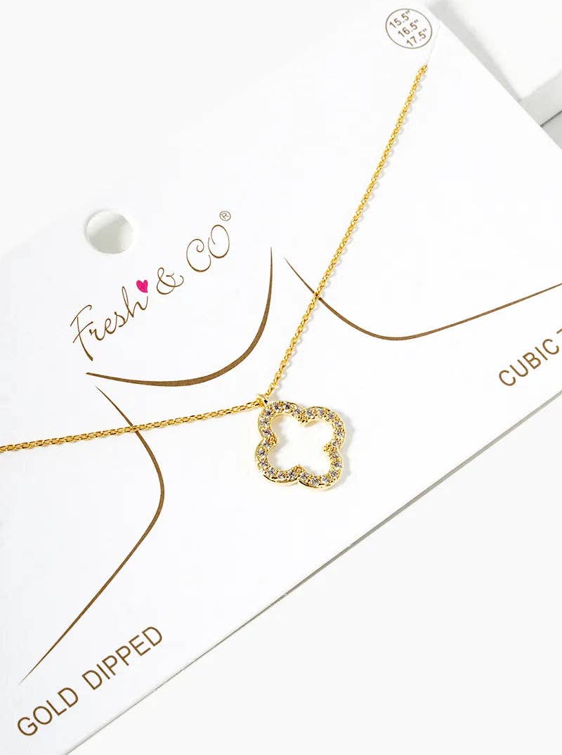 18K Gold Dipped Cz Pave 15Mm Quatrefoil Pendant Necklace: Rhodium