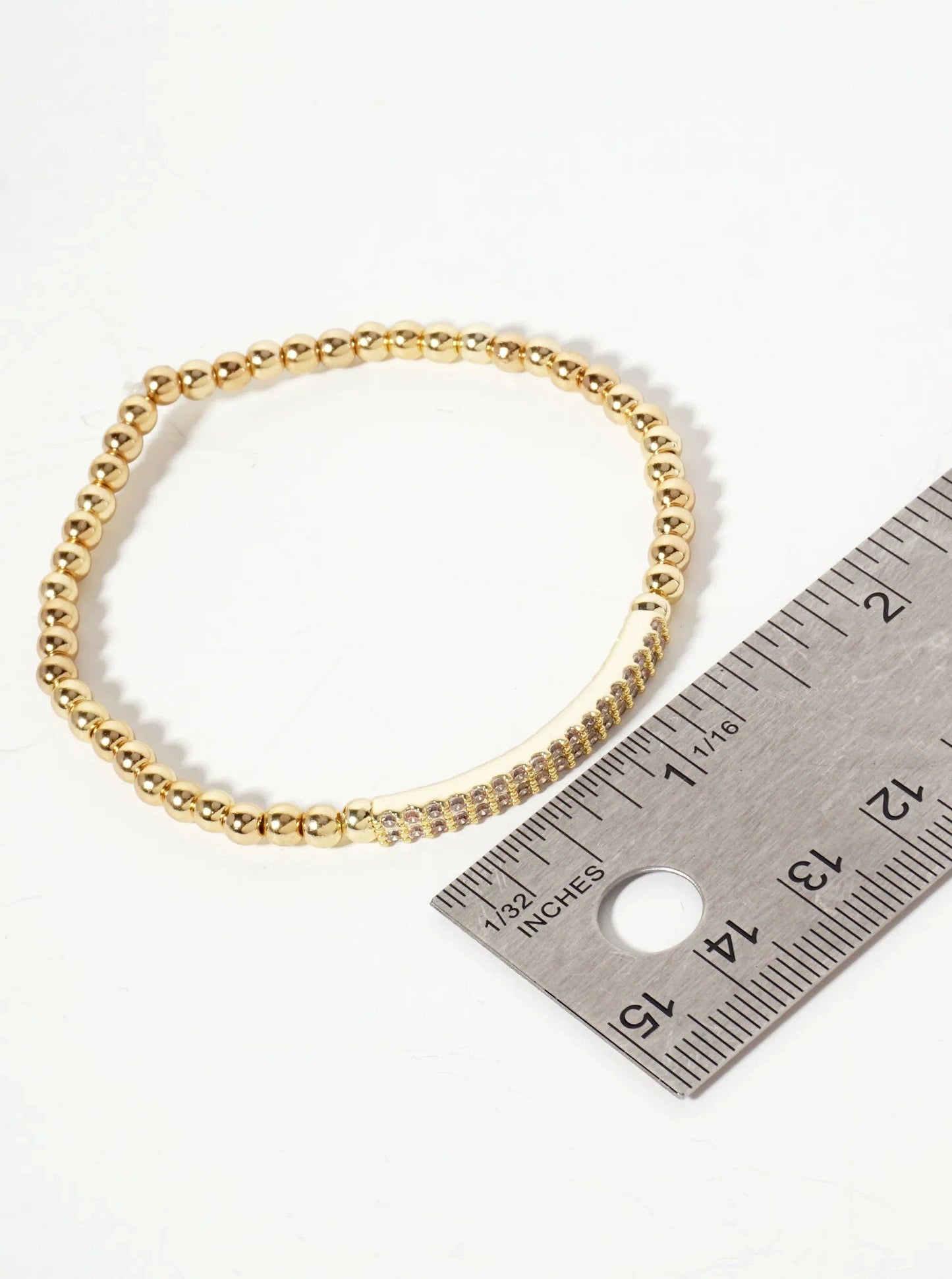 18K-Gold-Dipped Polished Brass 4mm Beaded Stretch Bracelet With CZ Pave-Set Curved Bar Accent: Gold