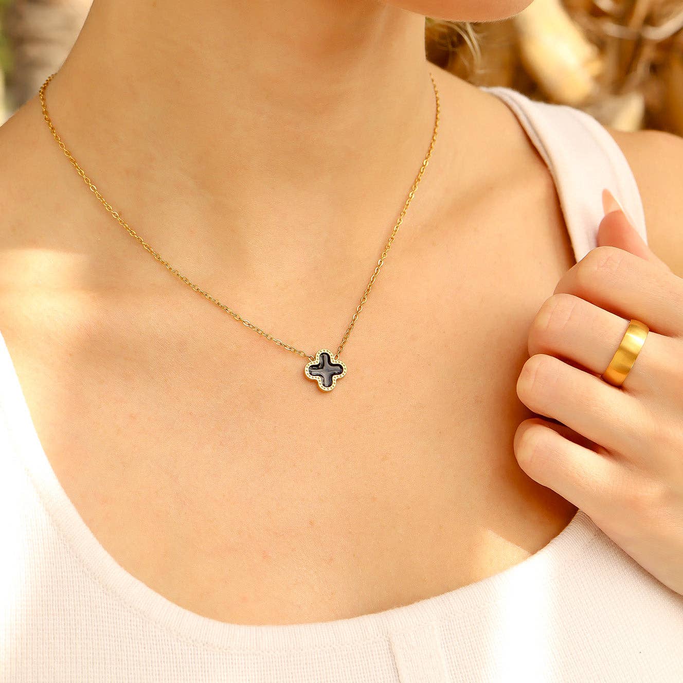 18K Gold PVD Stainless Steel Lucky Clover Charm Necklace: White / Gold