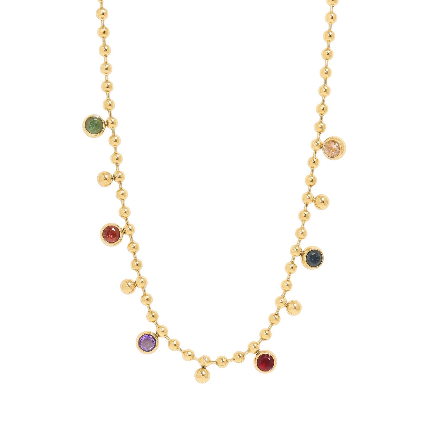 18K Gold PVD Stainless Steel Multicolor Beaded Charm Necklace: Stainless