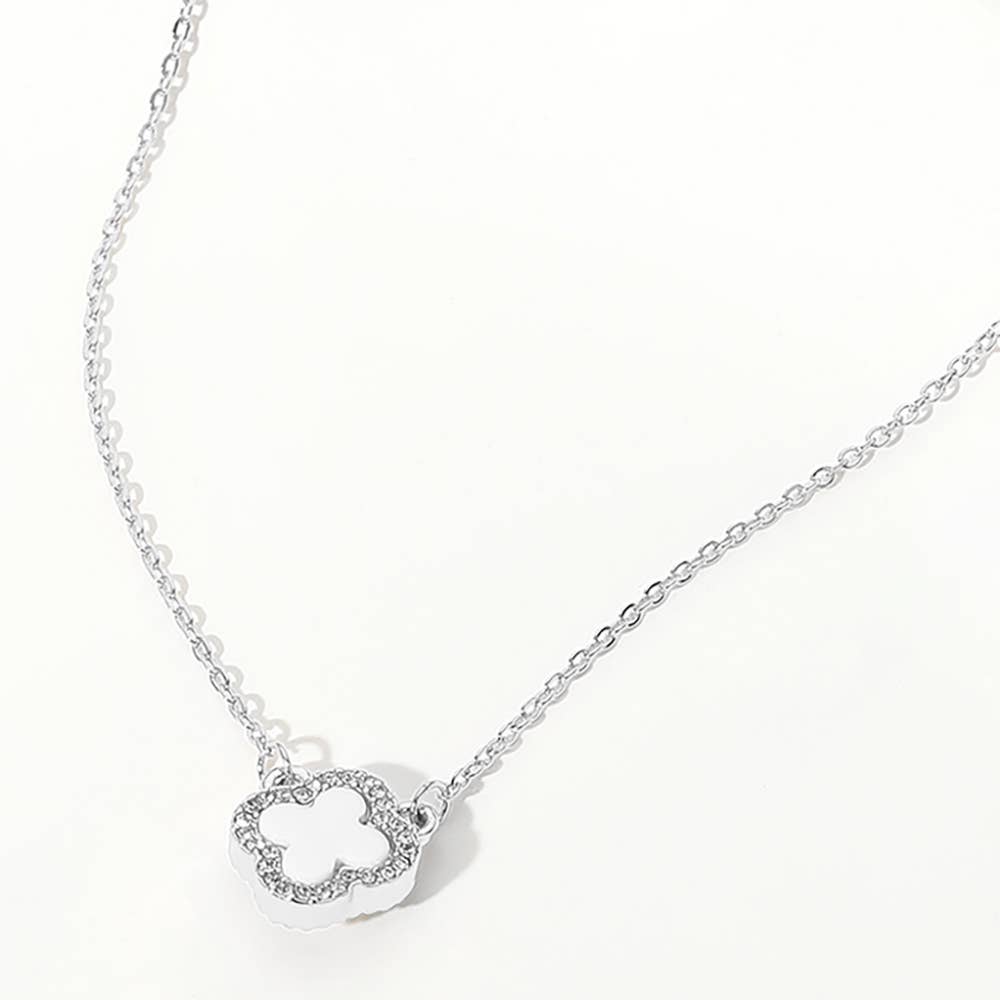 Gold Dipped Rhinestone Trim Quatrefoil Pendant Necklace: Rhodium,White