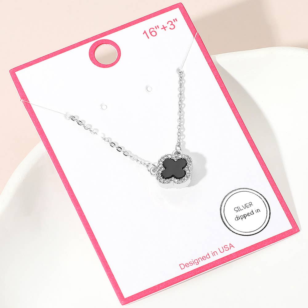 Gold Dipped Rhinestone Trim Quatrefoil Pendant Necklace: Rhodium,White