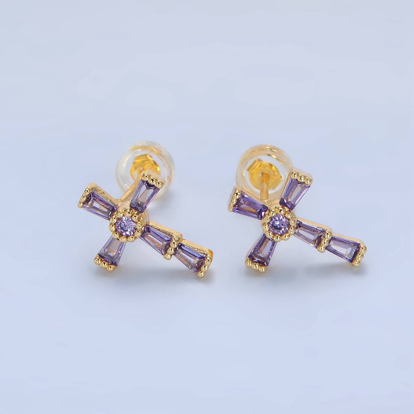 24K Gold Filled CZ Religious Cross Studs | P053 - P061 : Fuchsia