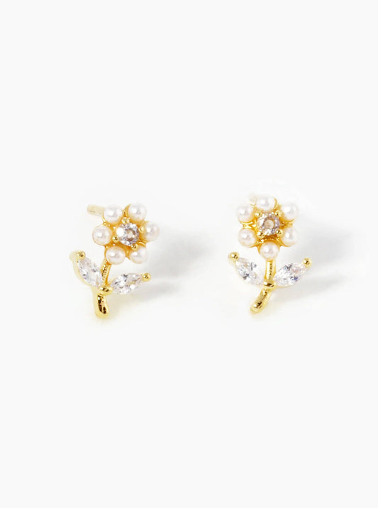 White Gold Dipped Pearl And CZ Flower Stud Earrings: Gold