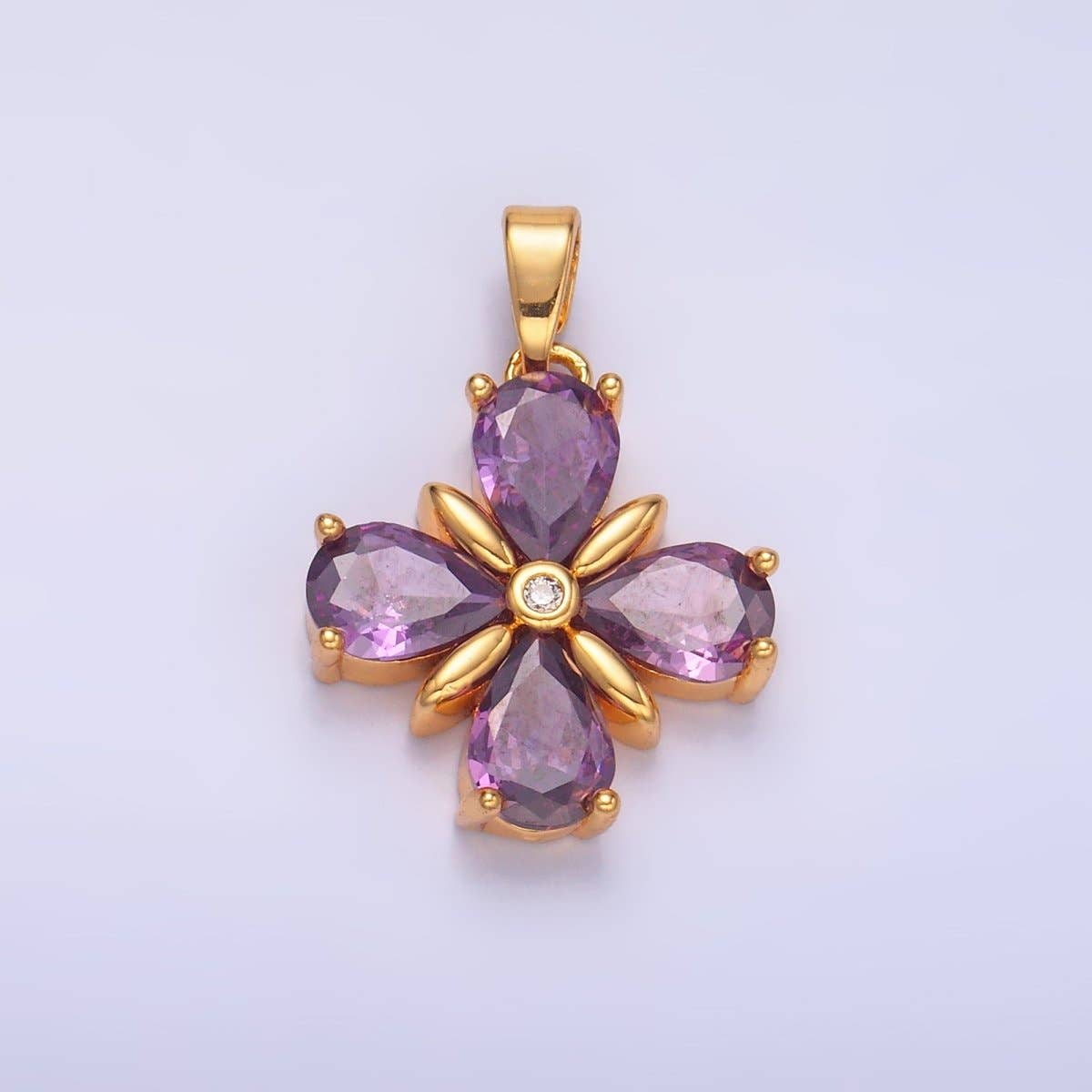24K Gold Filled Purple CZ Clover Flower Pendant | AA1433