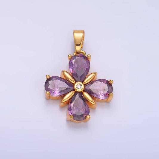 24K Gold Filled Purple CZ Clover Flower Pendant | AA1433