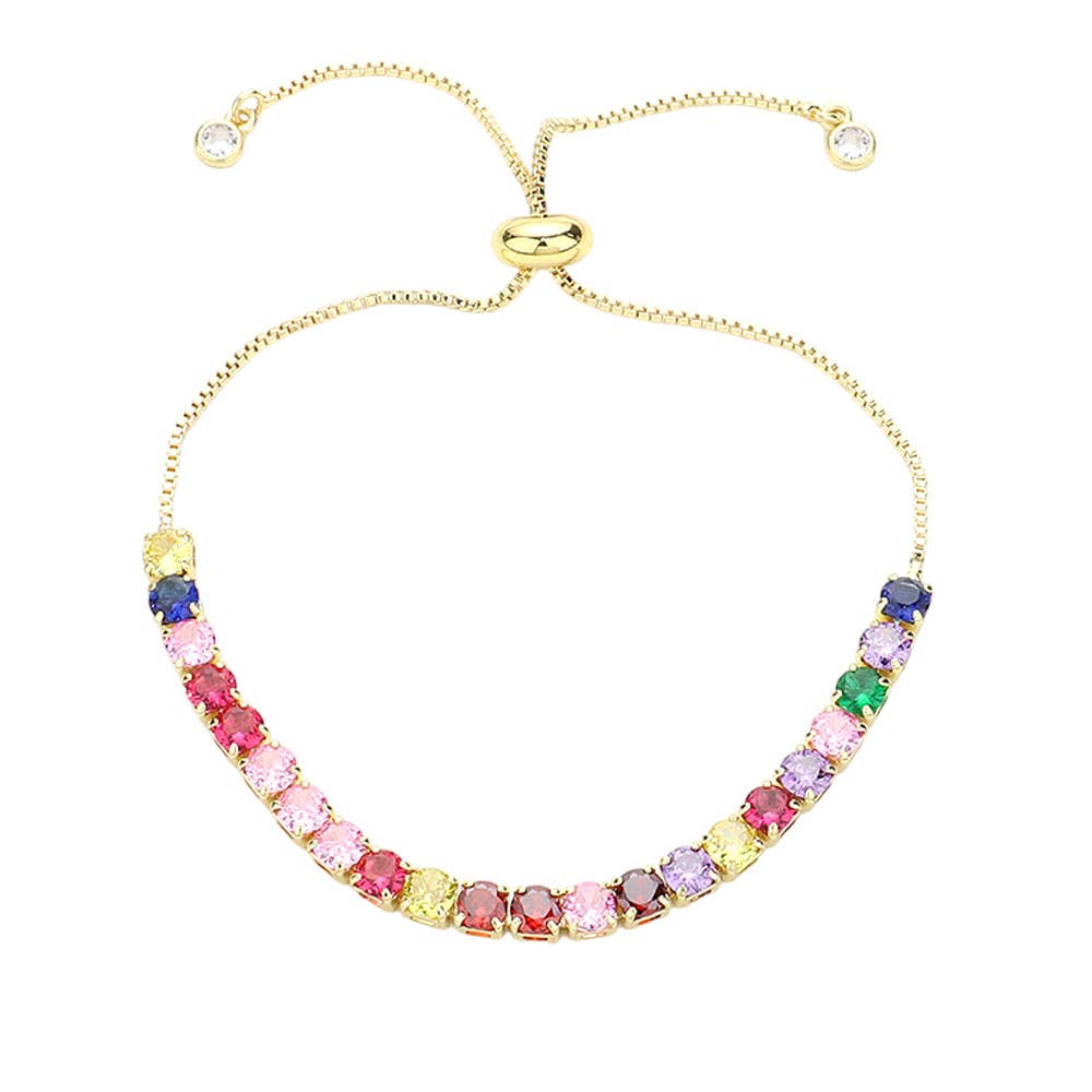 Stainless Steel Round CZ Tennis Chain Pull Tie Bracelet: Multi