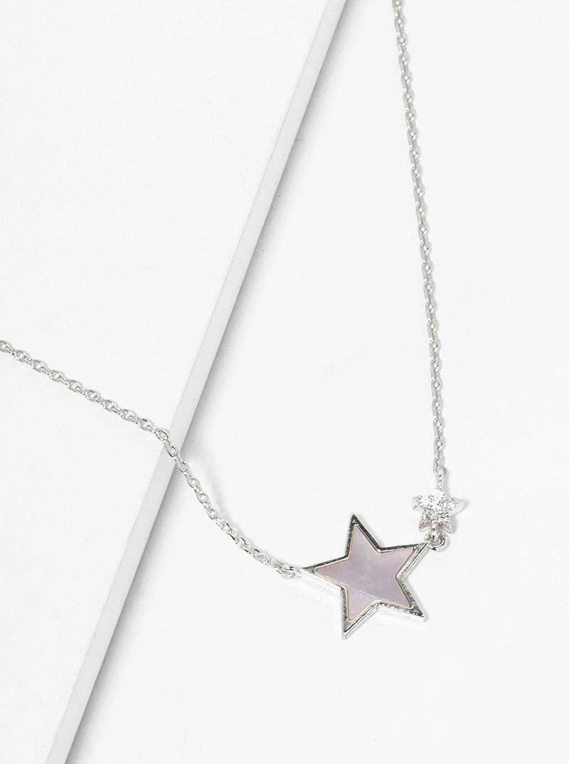 White Gold CZ MOP Double Star Pendant Necklace: Gold