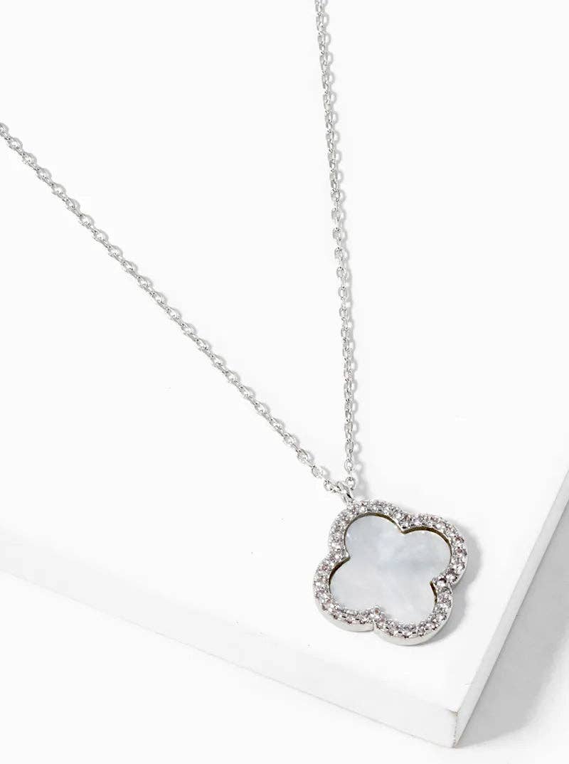 White Gold Dipped CZ Pave 15mm Quatrefoil Pendant Necklace: Gold-Red