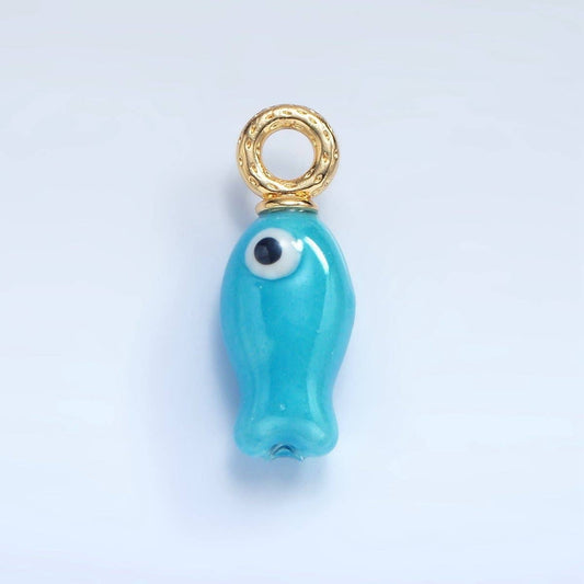 24K Gold Filled 30mm Enamel Fish Sea Animal Ceramic Drop Charm | X794 - X801: Blue