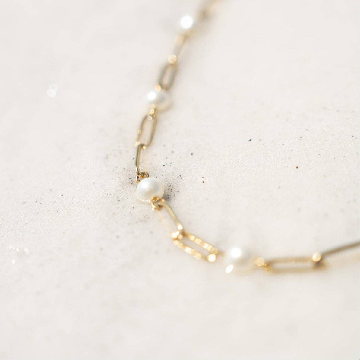 18K Gold PVD Steel Station Pearl Paperclip Chain Bracelet: Stainless