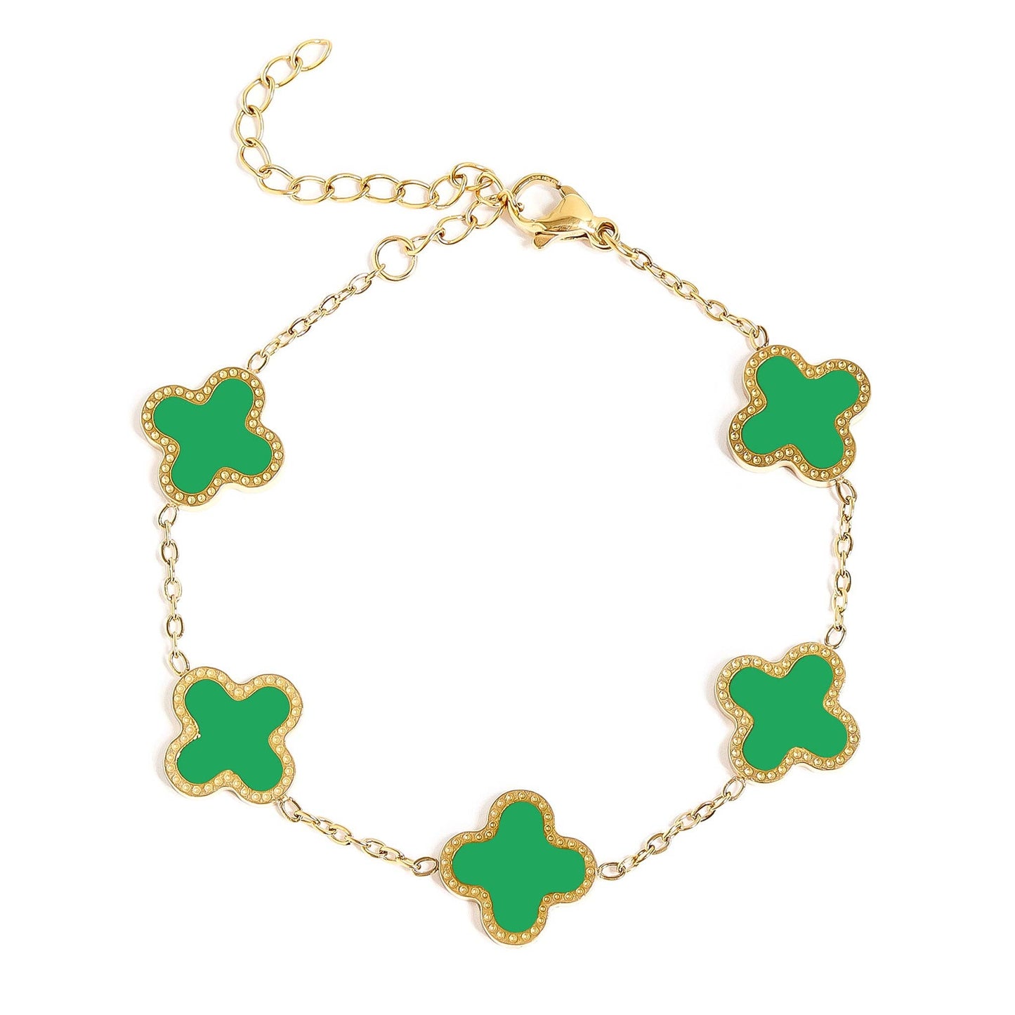18K Gold PVD Stainless Steel Lucky Clover Charm Bracelet: Pink / Gold