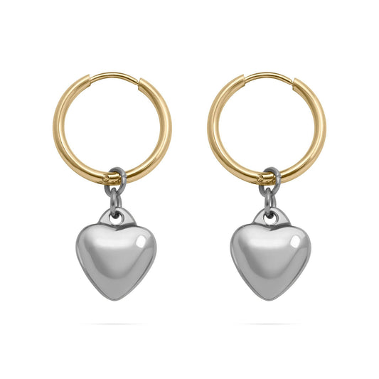 18K Gold Stainless Steel Mixed Metal Heart Charm Earrings: Gold