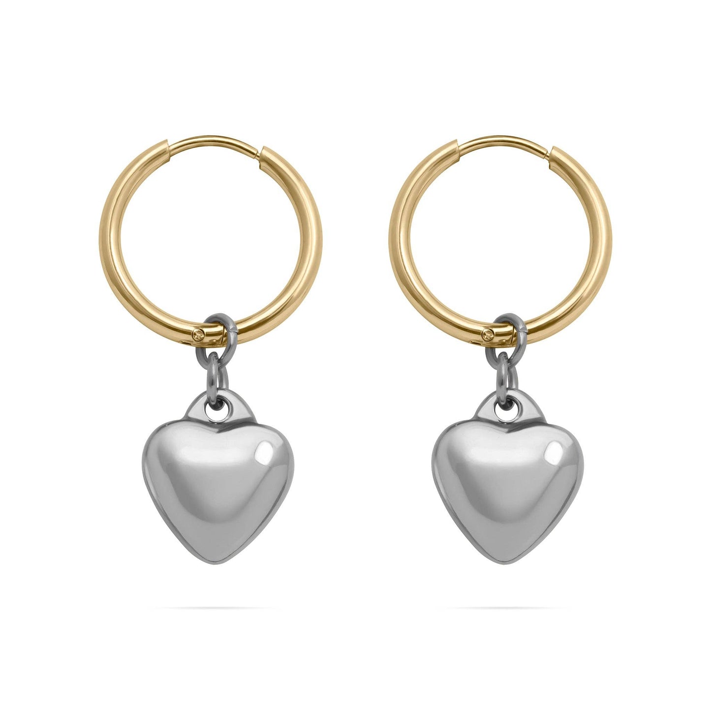 18K Gold Stainless Steel Mixed Metal Heart Charm Earrings: Stainless
