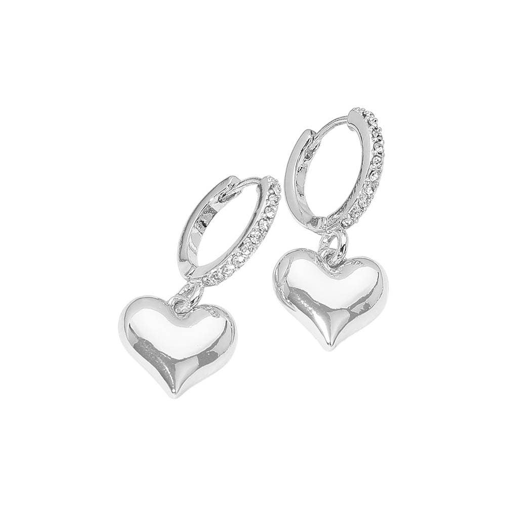 Gold Dipped Heart Charm Drop Dangle Stone Pave Huggie Hoop Earrings: Gold,Siam