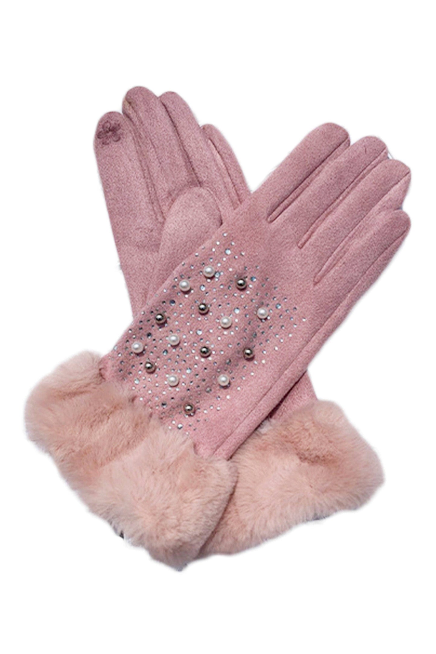Pearl Rhinestone Suede Gloves GL0010: Red