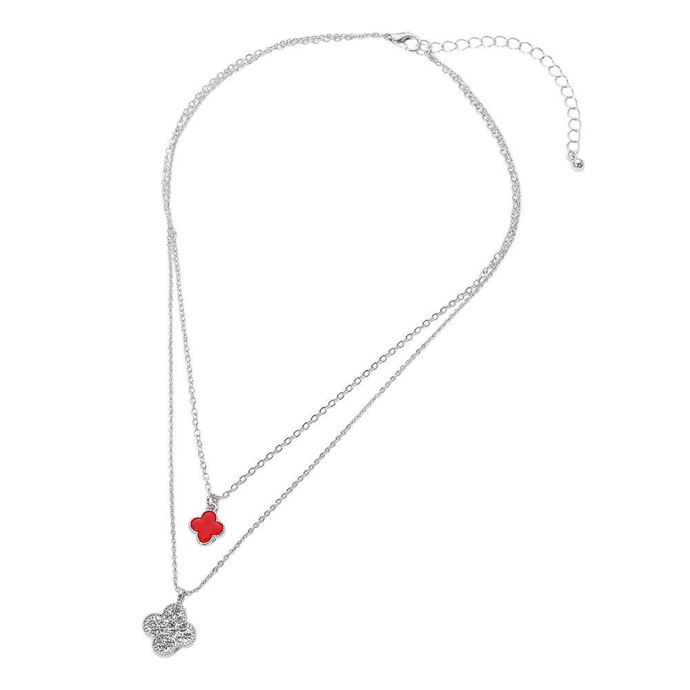 Gold Dipped Double Quatrefoil Pendant Layered Necklace: Gold,Red
