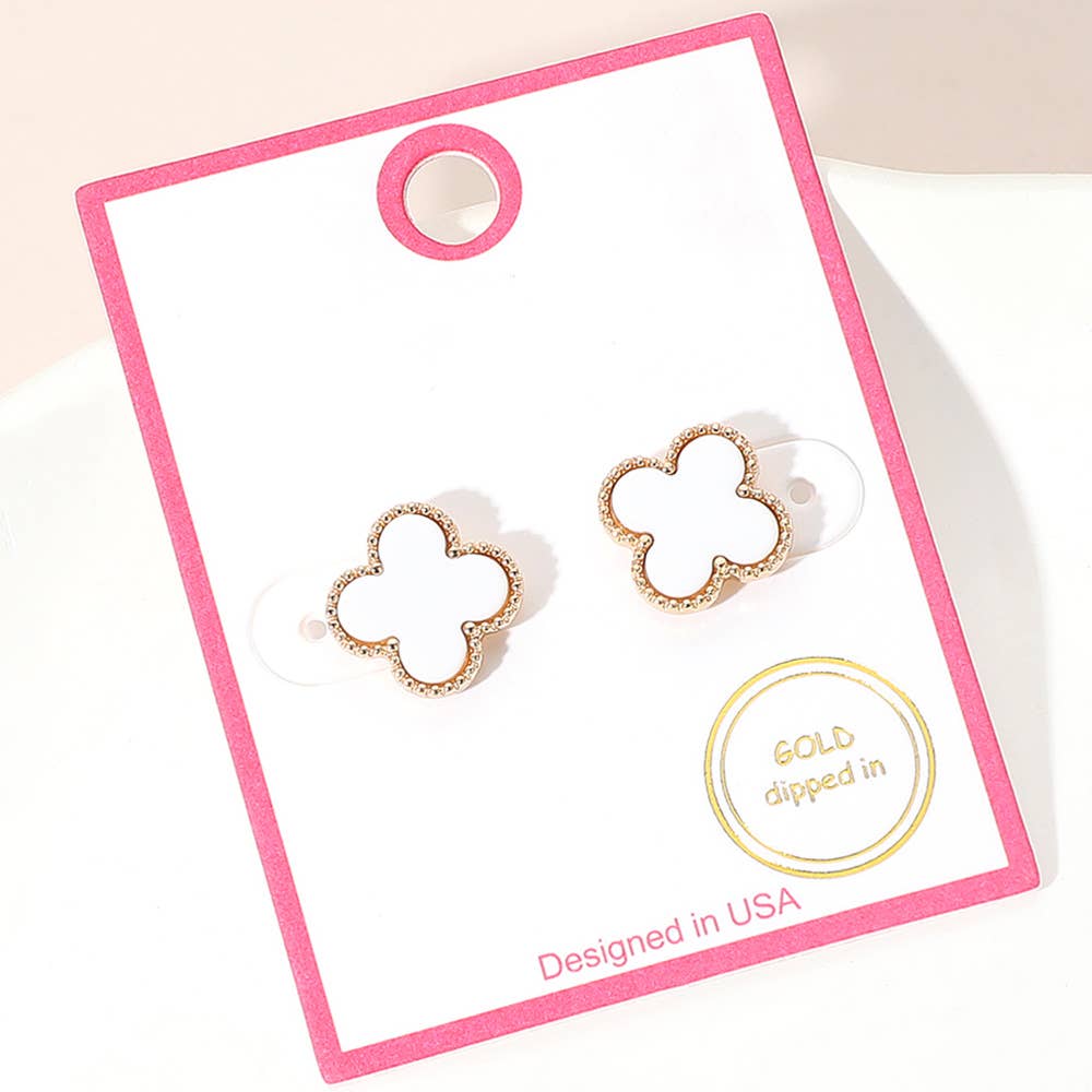 Gold Dipped Quatrefoil Stud Earrings: Red,Rhodium