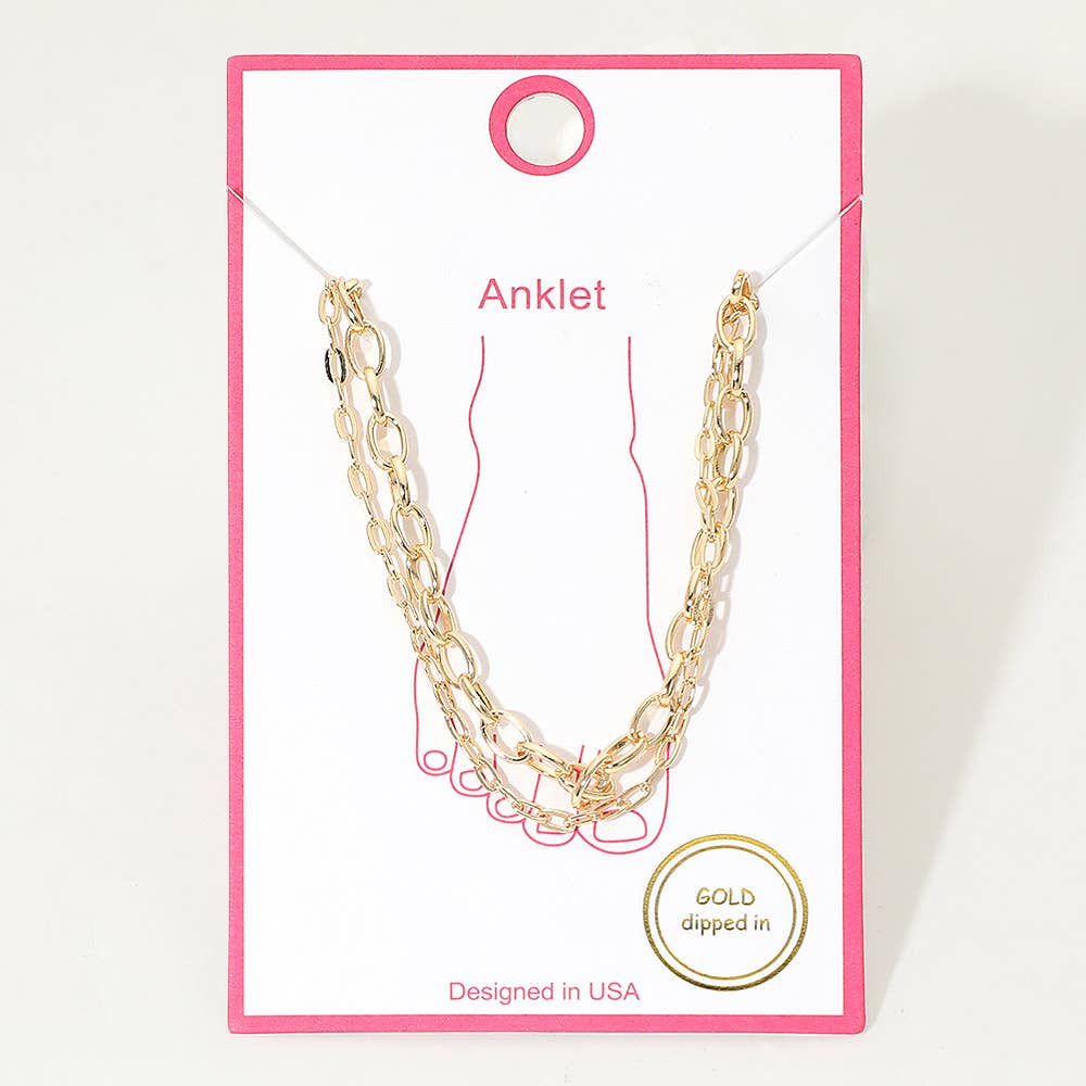 Gold Dipped Oval Link Chain Layered Anklet: Gold