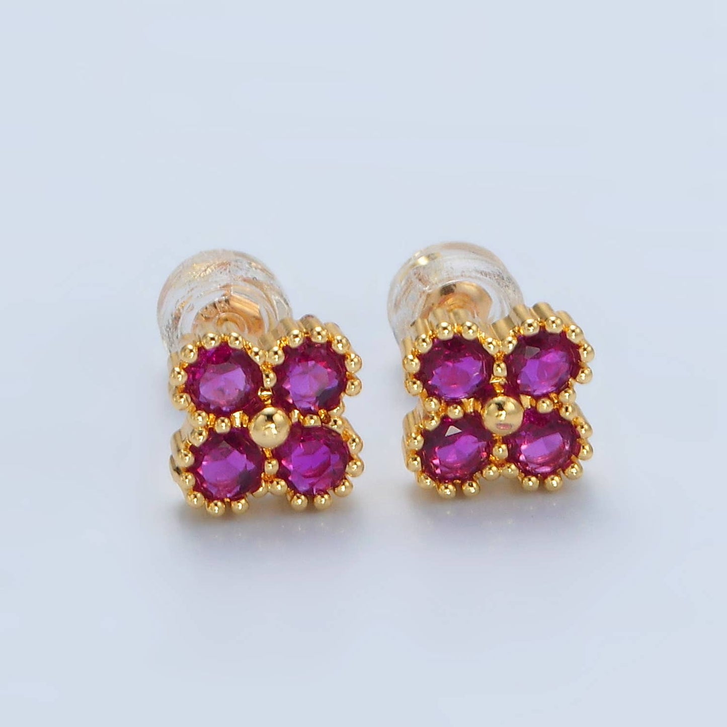 24K Gold Filled Fuchsia, Black, Clear Clover Stud Earring: Clear