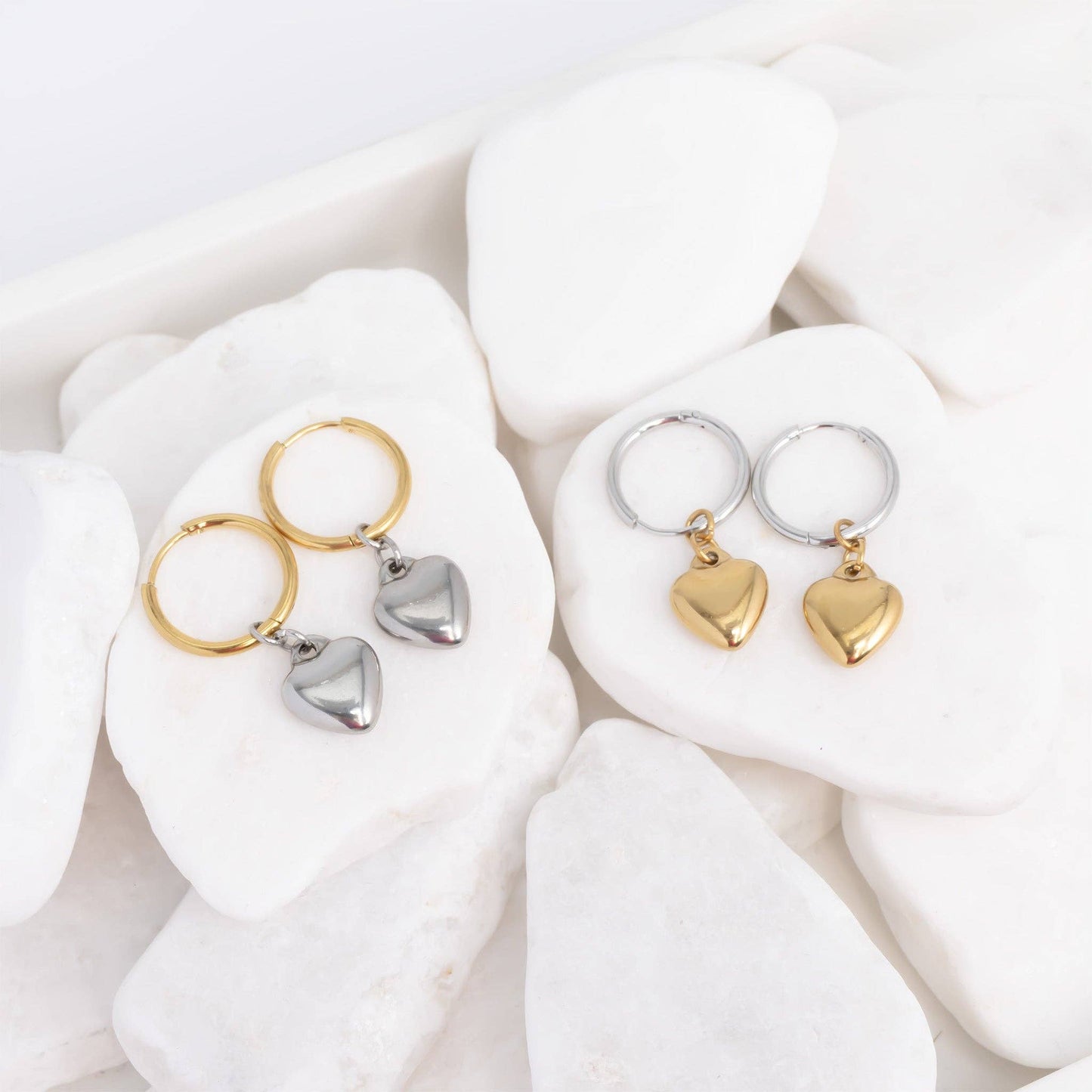 18K Gold Stainless Steel Mixed Metal Heart Charm Earrings: Gold