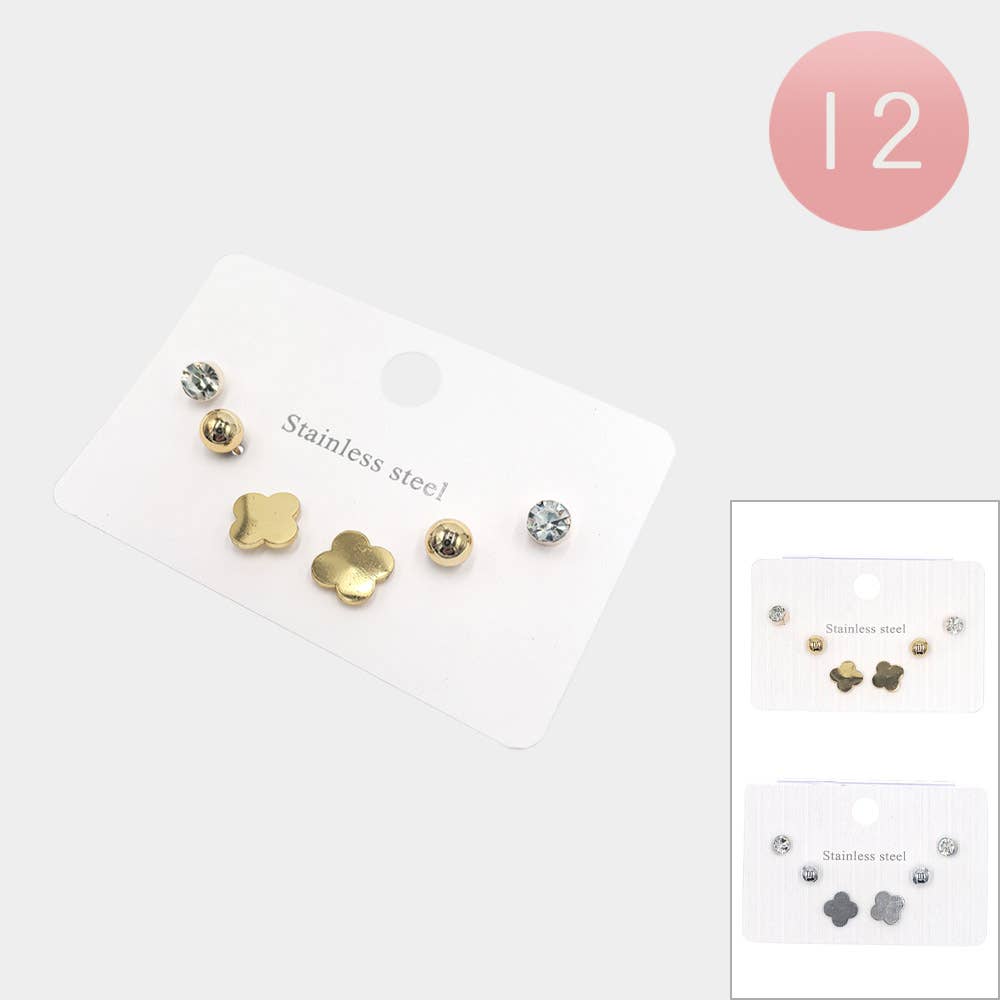 12 SET OF 3 - Stainless Steel Stud Earring Set