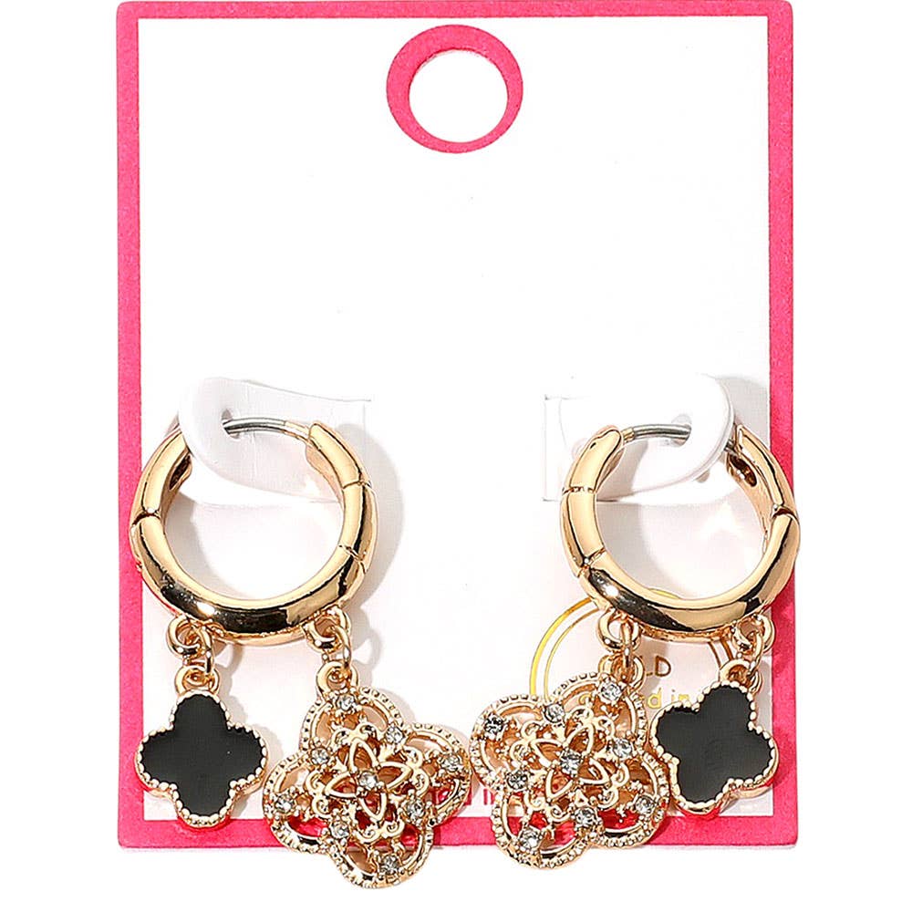 Gold Dipped Quatrefoil Huggie Hoop Earrings: Gold,Red