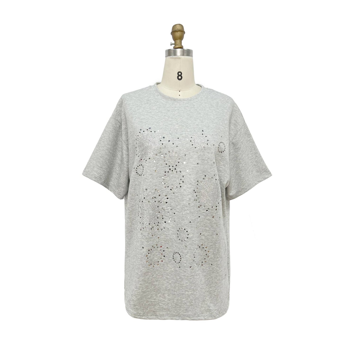 X8796CT Oversized Embellished Crew Neck T Shirt: WHITE / ONE SIZE