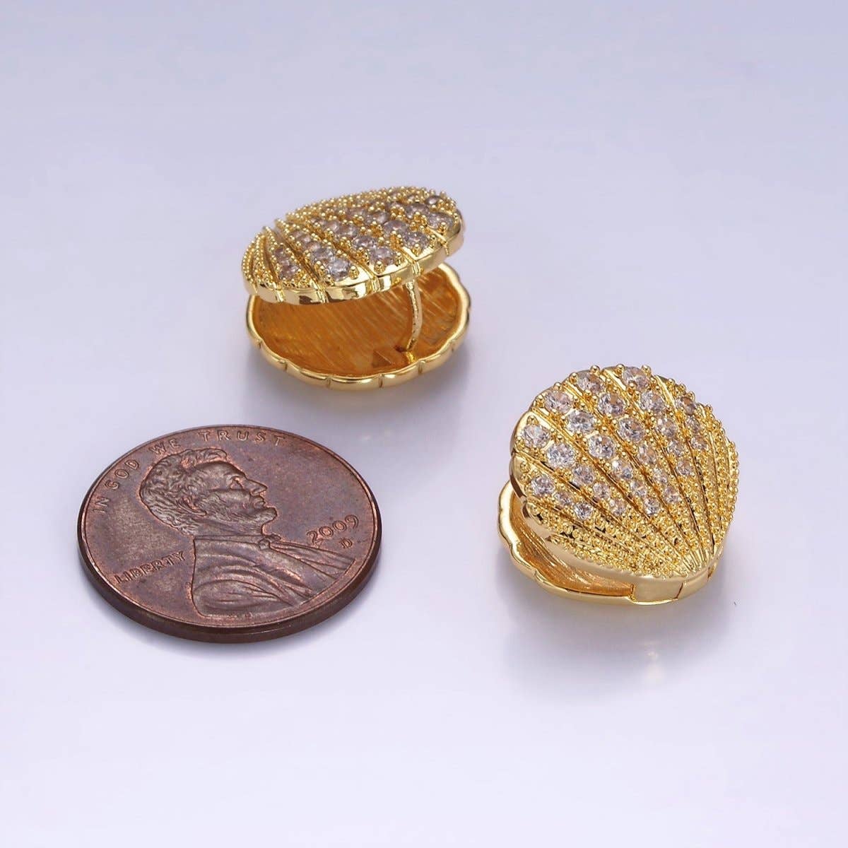 14K Gold Filled Micro Paved CZ Scallop Clam Sea Shell Huggie Earrings | AB1132