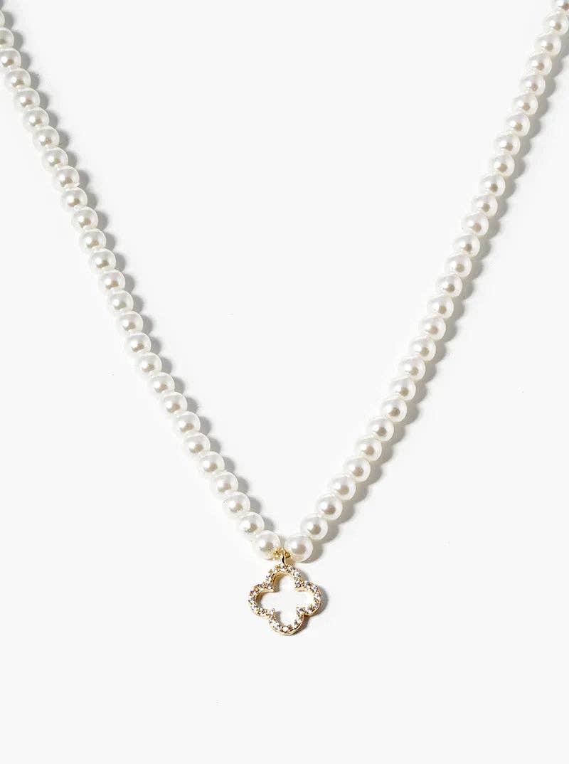 White Gold CZ Quatrefoil Pendant Pearl Beaded Necklace: Gold