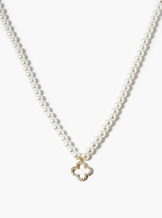 White Gold CZ Quatrefoil Pendant Pearl Beaded Necklace: Gold