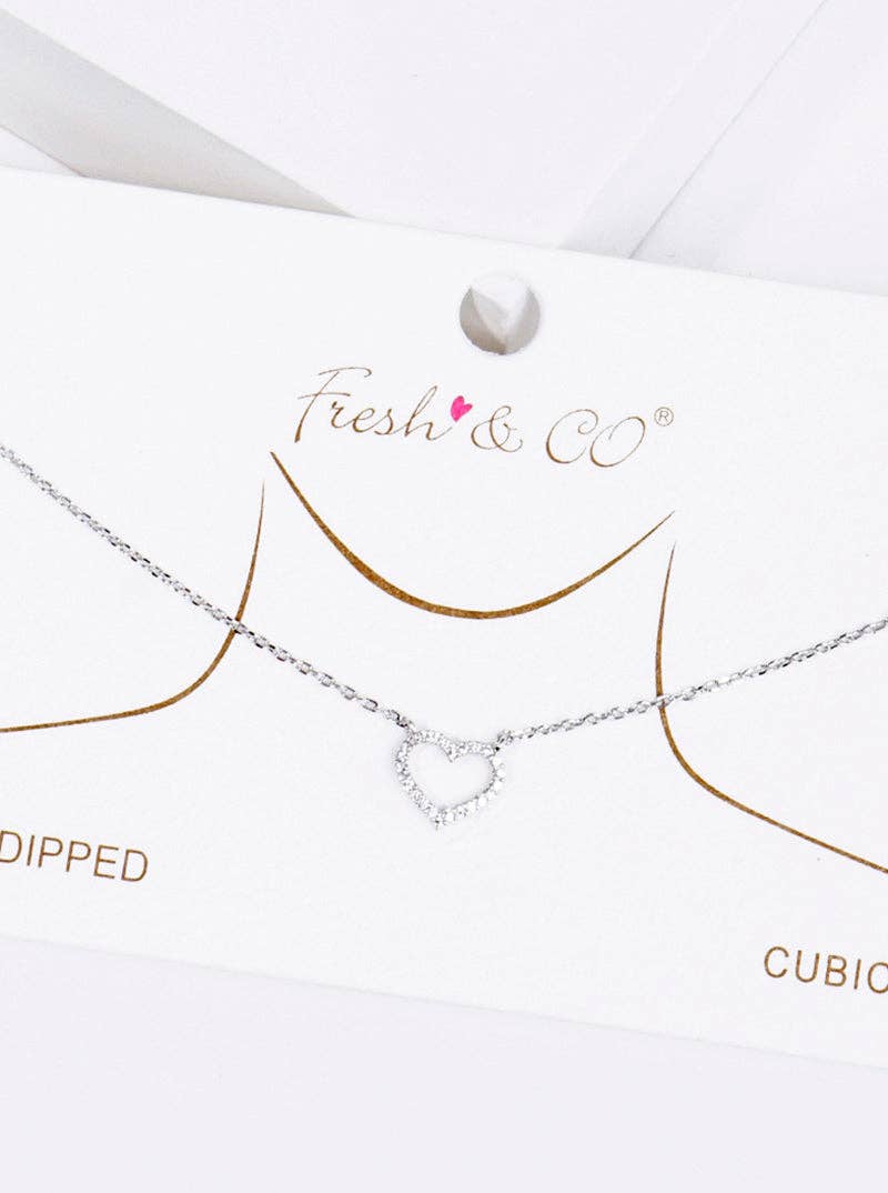 White Gold Dipped CZ Pave Heart Pendant Delicate Necklace: Gold-Crystal