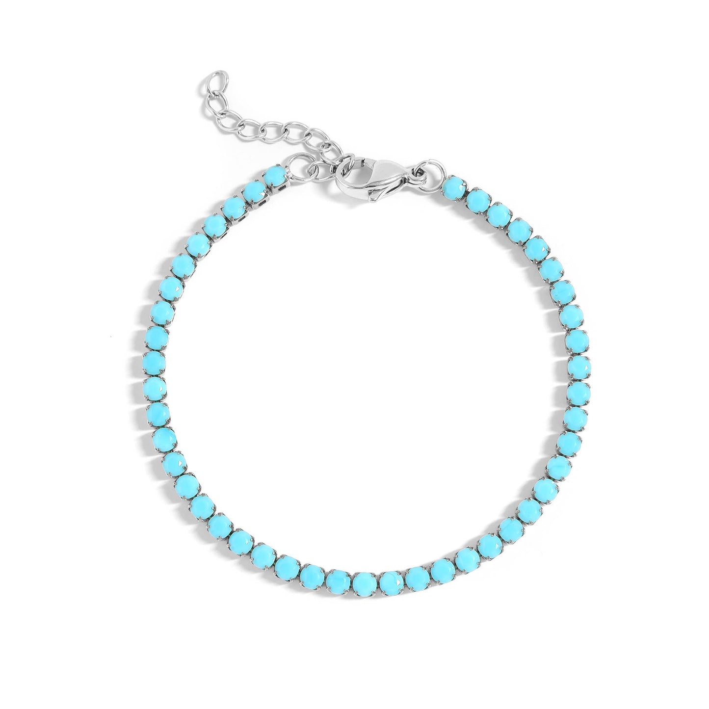 Stainless Steel Turquoise Rhinestone Tennis Chain Bracelet: 6.5"+1" / 3mm