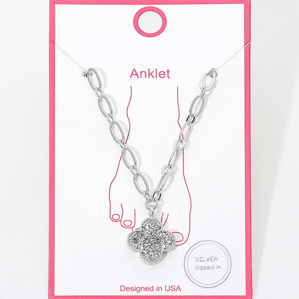 Gold Dipped Stone Pave Quatrefoil Charm Textured Paperclip Chain Anklet: Clear,Gold
