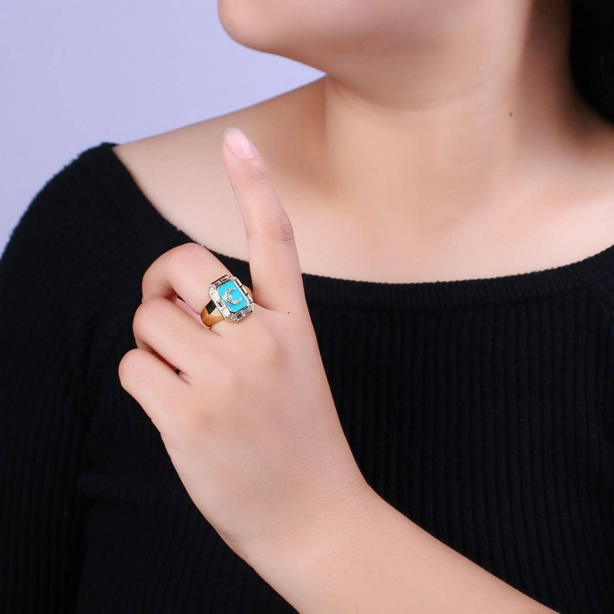Crescent Moon Spinel Signet Ring Gold Chunky Ring Celestial Enamel Colorful Cz Jewelry U-001~U-005: White