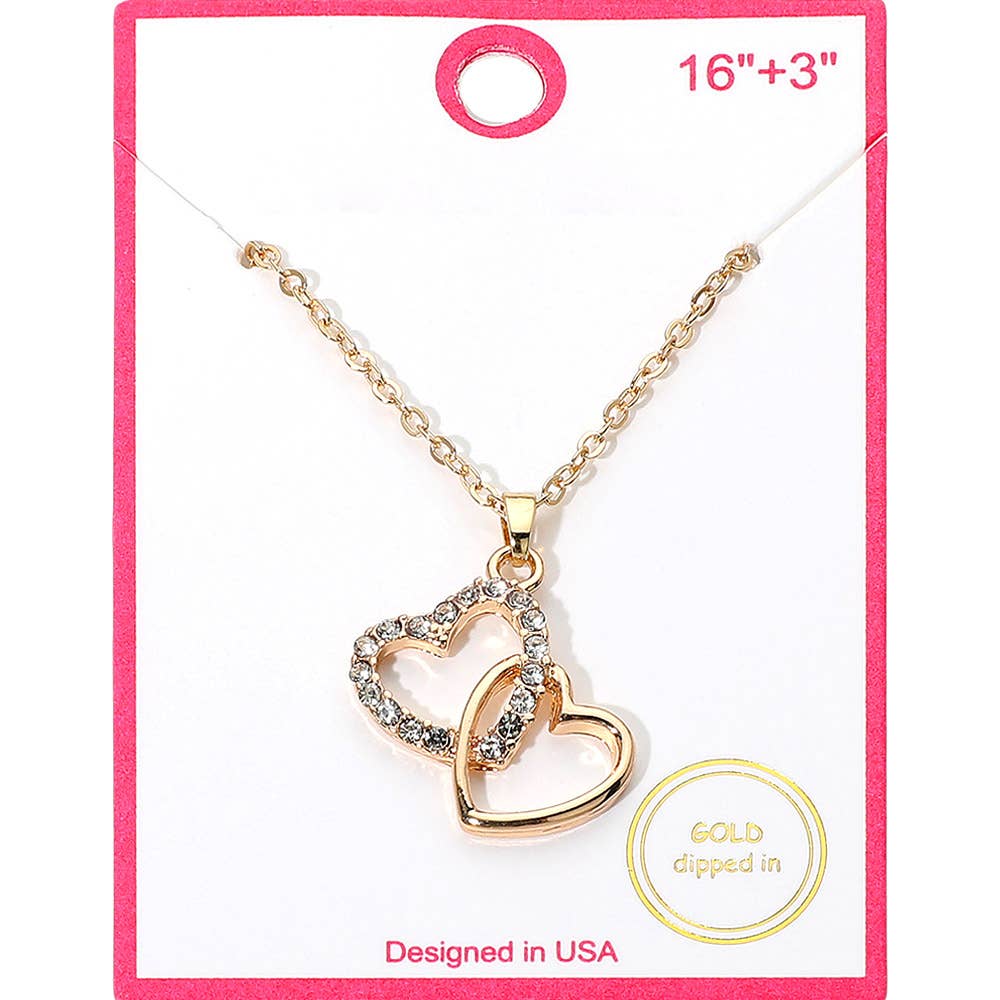 Gold Dipped Rhinestone Paved Layered Double Heart Pendant Necklace: Clear,Gold