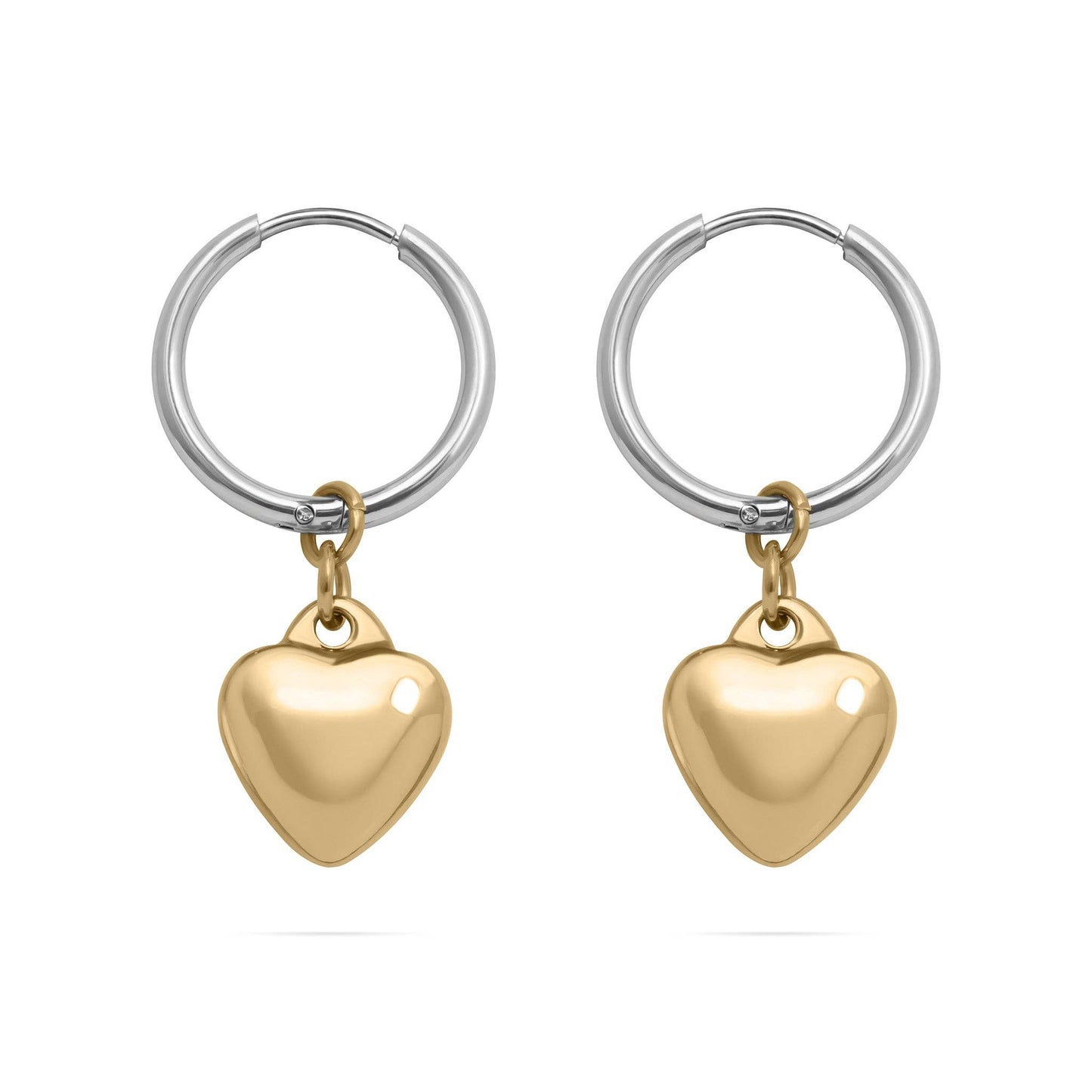 18K Gold Stainless Steel Mixed Metal Heart Charm Earrings: Gold